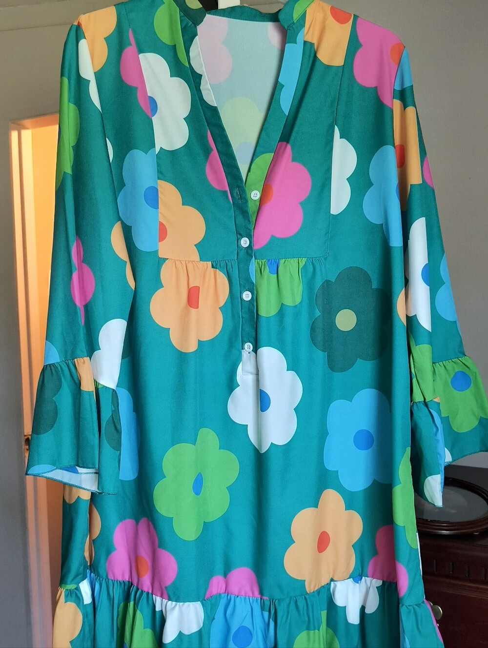 Women’s Teal Floral Button-Front Tunic Dress